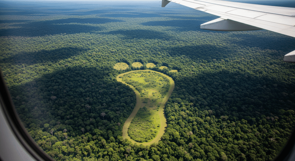 Vista desde la ventana de un avión del ala sobre la inmensa selva del Amazonas. Abajo, un claro natural entre los árboles forma la silueta perfecta de una huella gigante, iluminada por el sol