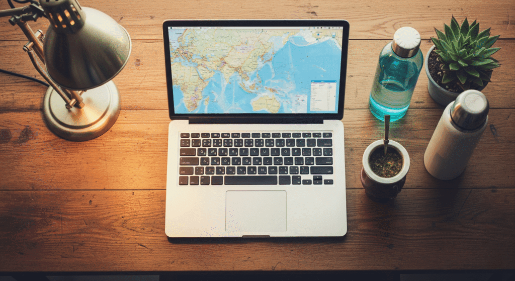 una notebook en un escritorio organizando un viaje sostenible en busca de vuelos baratos