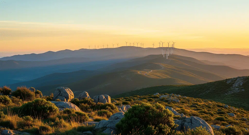 vista de las sierras con molinos al fondo mostrando el turismo sustentable