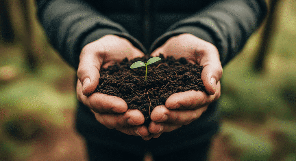 Primer plano de unas manos sosteniendo tierra fértil con un brote verde, simbolizando qué es el turismo sostenible y el cuidado del planeta.