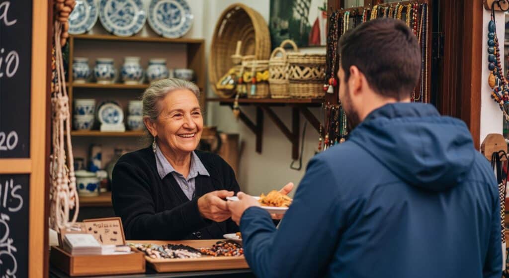 Una vendedora local sonríe mientras atiende a un viajero, un ejemplo de qué es el turismo sostenible al apoyar a los artesanos y la economía del lugar.