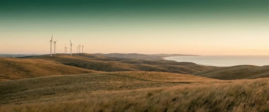Paisaje panorámico de las sierras uruguayas al atardecer, con aerogeneradores blancos integrados en las colinas y la costa en el horizonte bajo un cielo verde profundo.