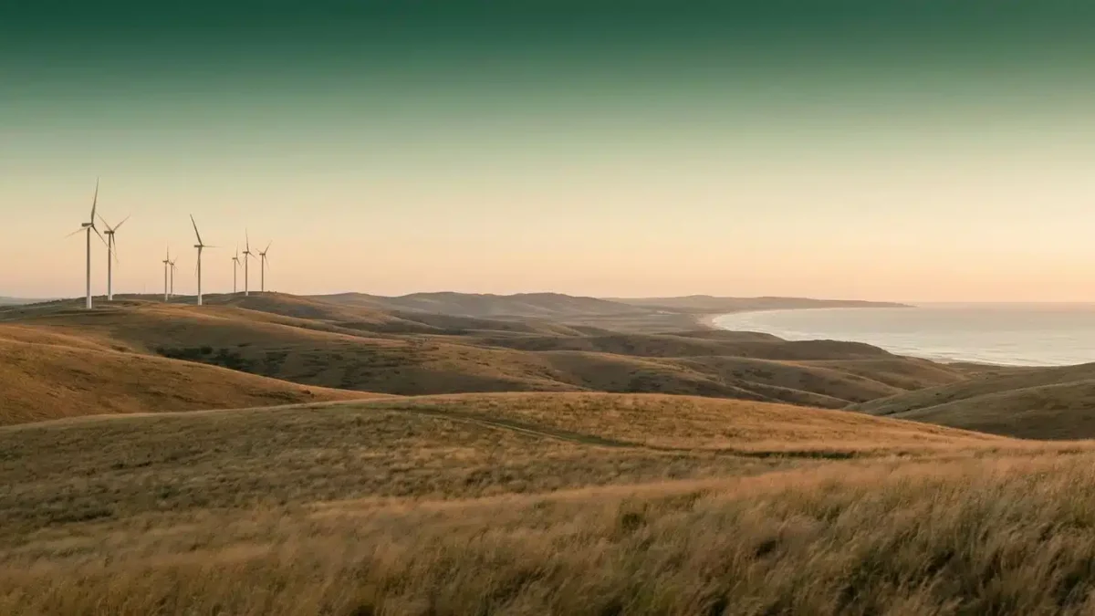 Inicio Paisaje panorámico de las sierras uruguayas al atardecer, con aerogeneradores blancos integrados en las colinas y la costa en el horizonte bajo un cielo verde profundo.